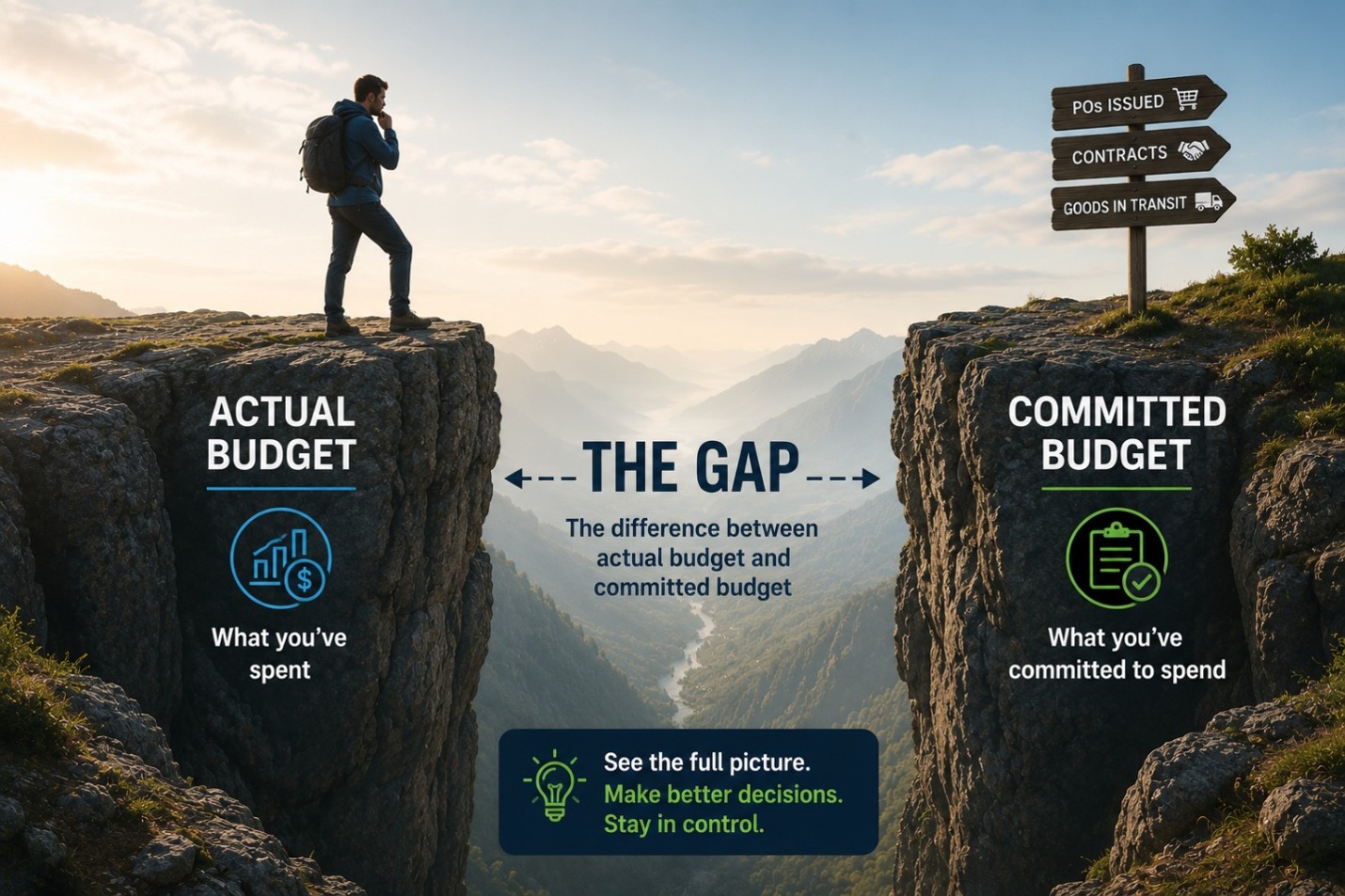 A man looking at a gap that symbolizes a budget gap between actual and committed.